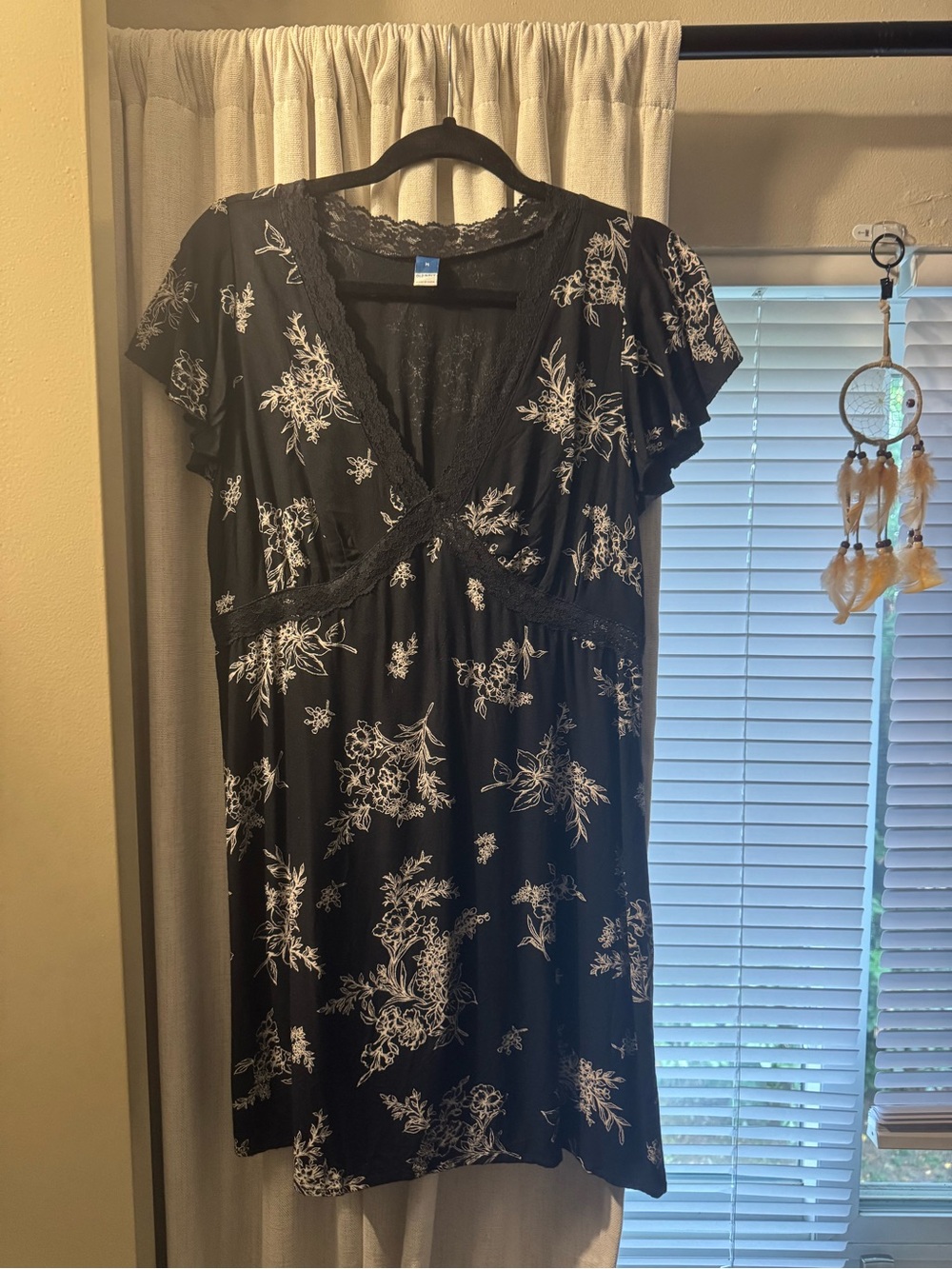 Old Navy Black Floral V-Neck Dress with White Print